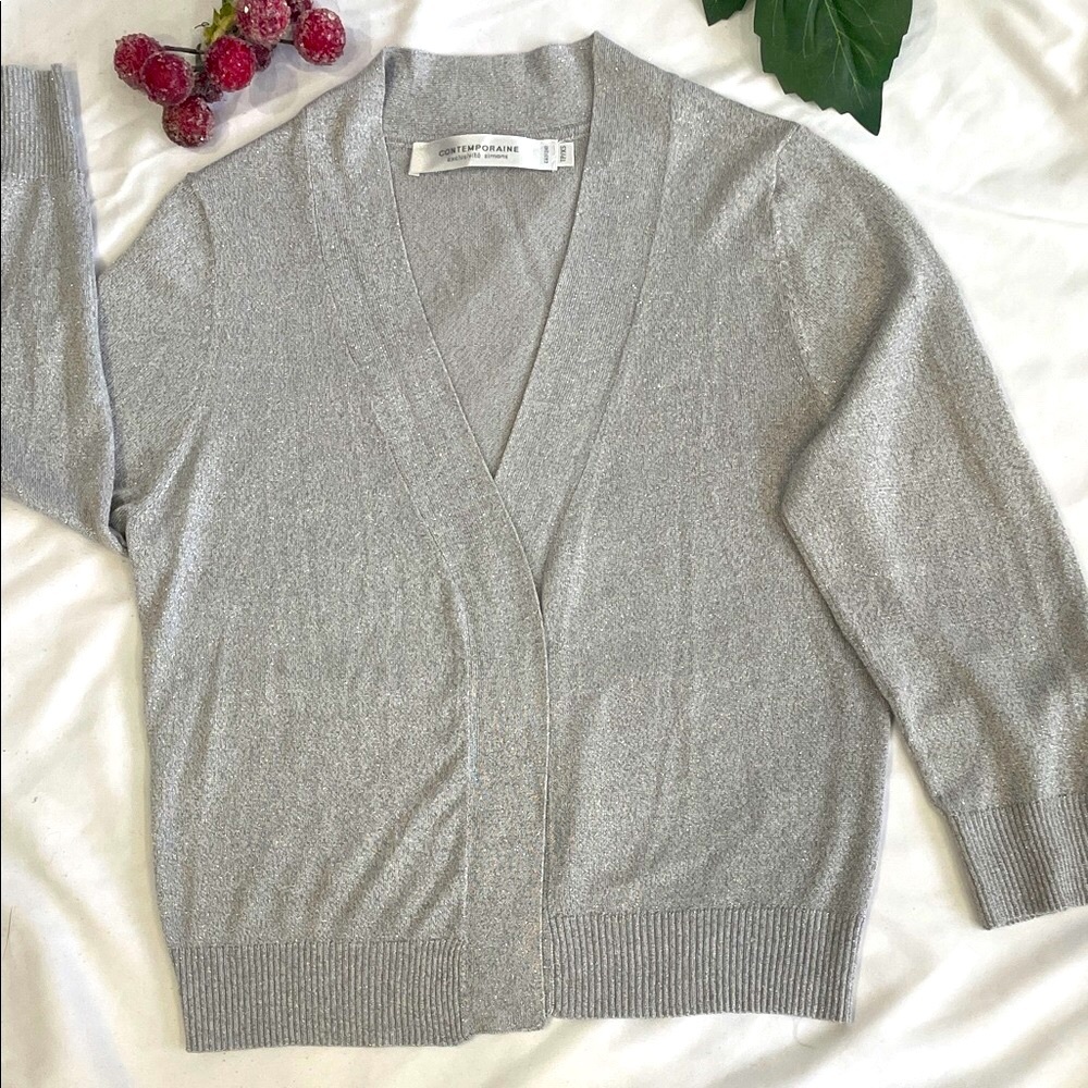 Contemporaine Simons Sparkly Silver V-Neck Open Front Cardigan XS